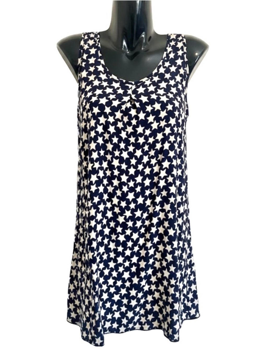 Patriotic Star Print Silk Flowy Sleeveless Tank Dress Top Navy and White